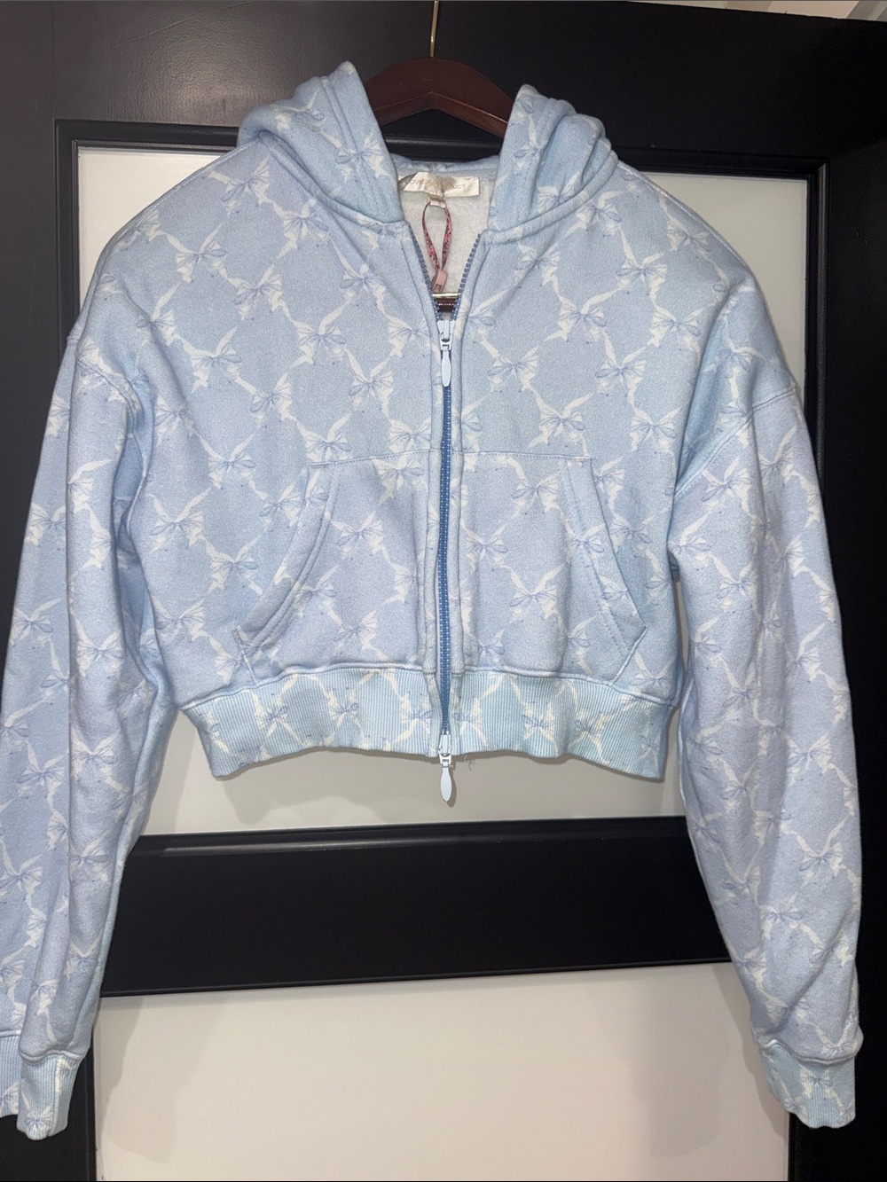LoveShackFancy Arienne Cropped Bow Print Hoodie XXL Blue Excellent Condition